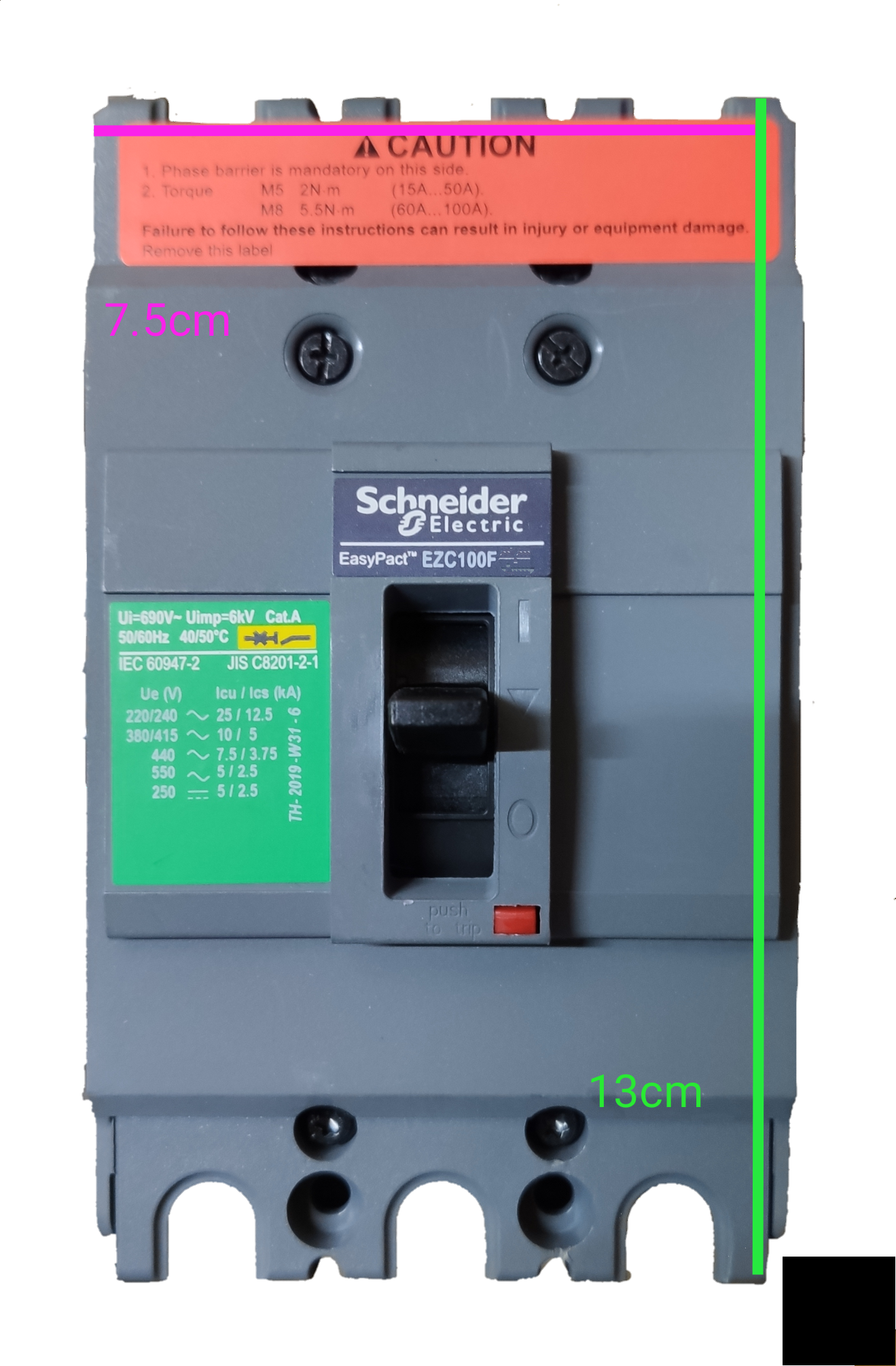 Schneider 60A 3 Pole Industrial Circuit Breaker with EasyPact EZC100F model and safety warning labels