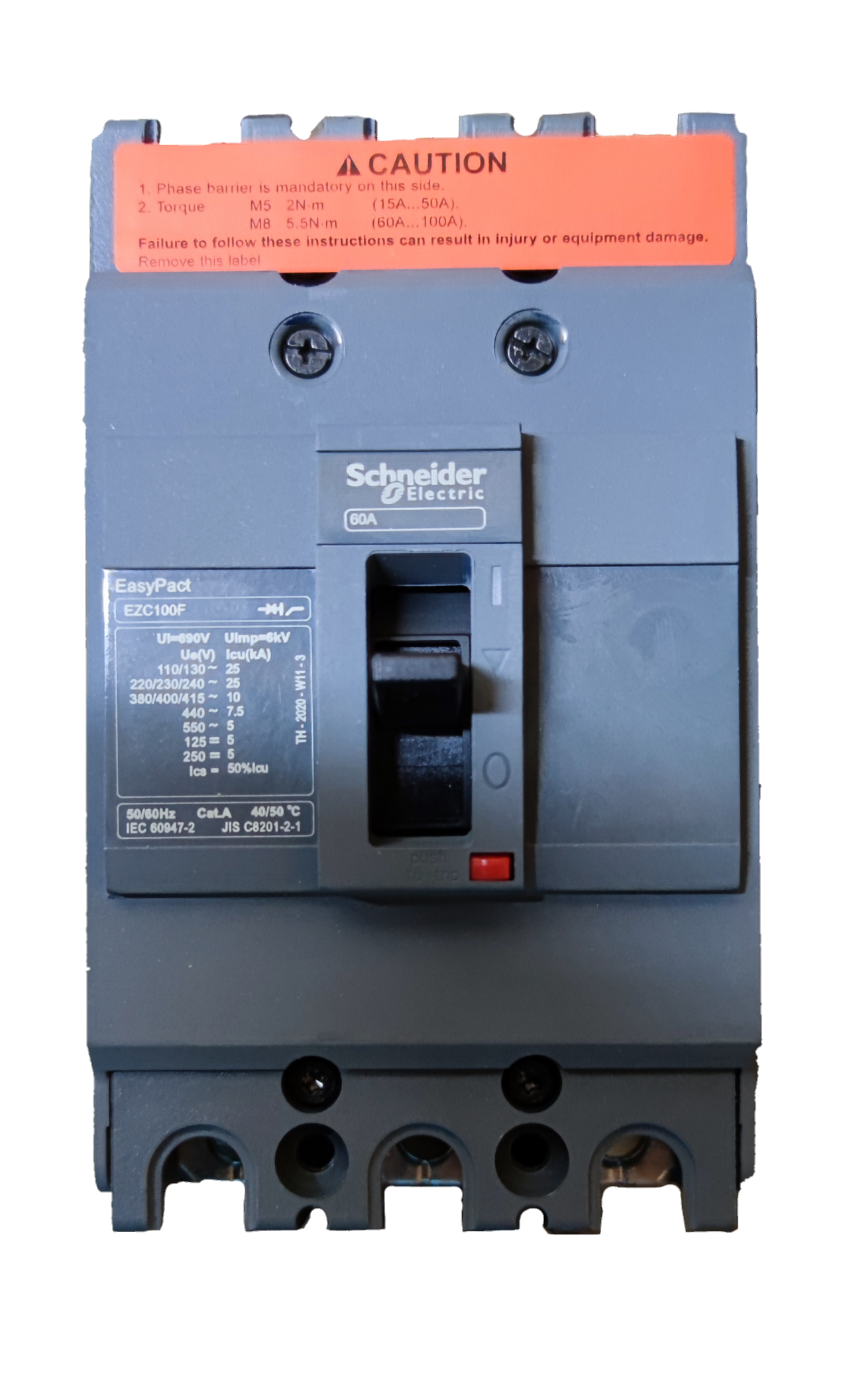 Schneider 60A 3 Pole Industrial Circuit Breaker with black switch and caution label