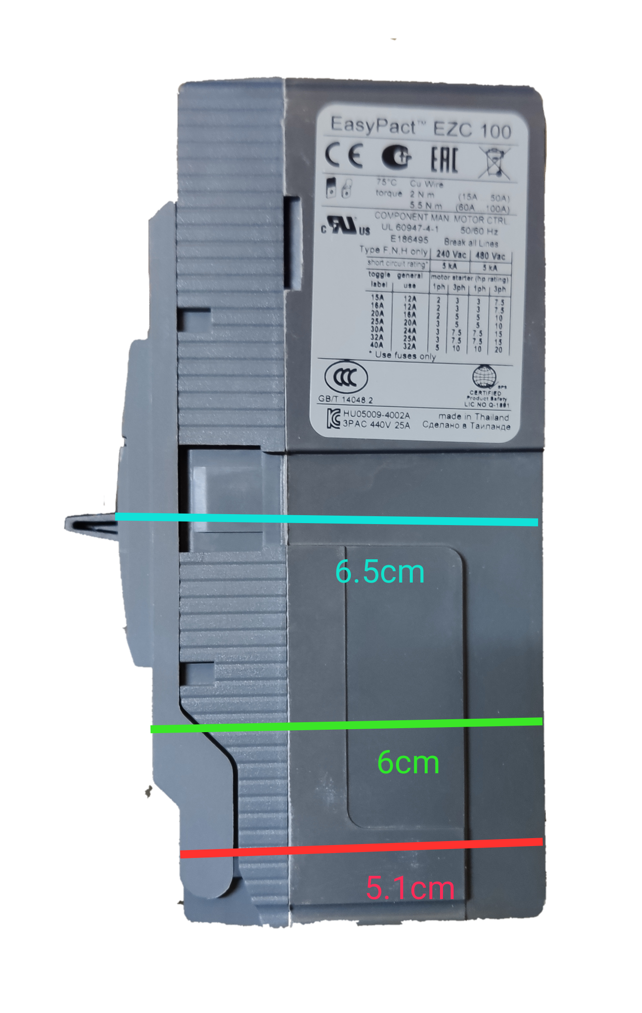 Schneider 60A 3 Pole Industrial Circuit Breaker EasyPact EZC 100 gray with label and measurements