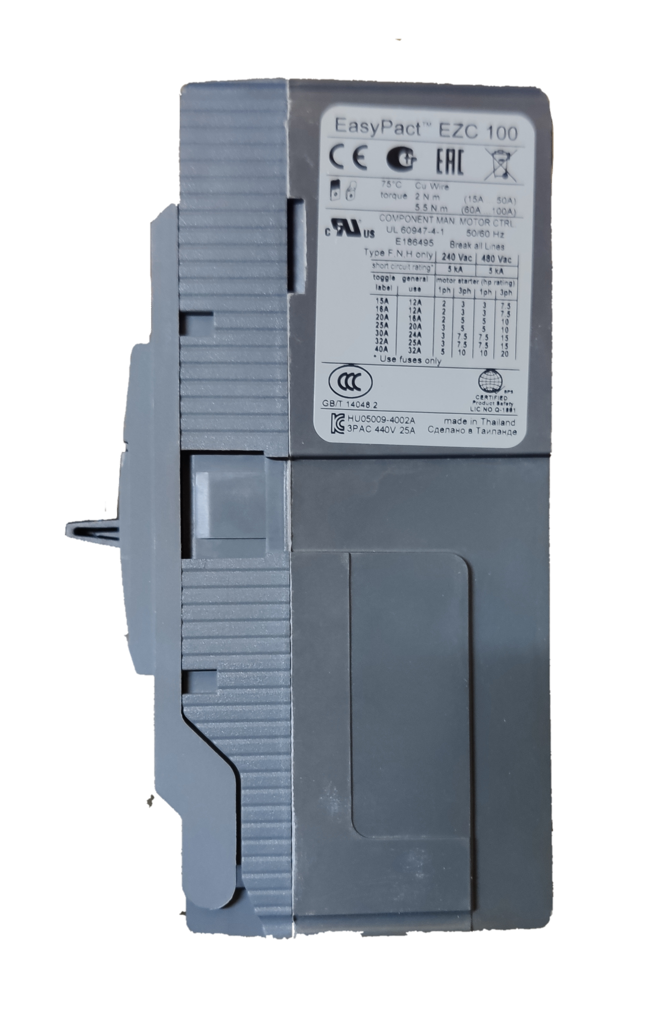 Schneider 60A 3 Pole Industrial Circuit Breaker in gray with detailed labeling and EasyPact EZC 100 model