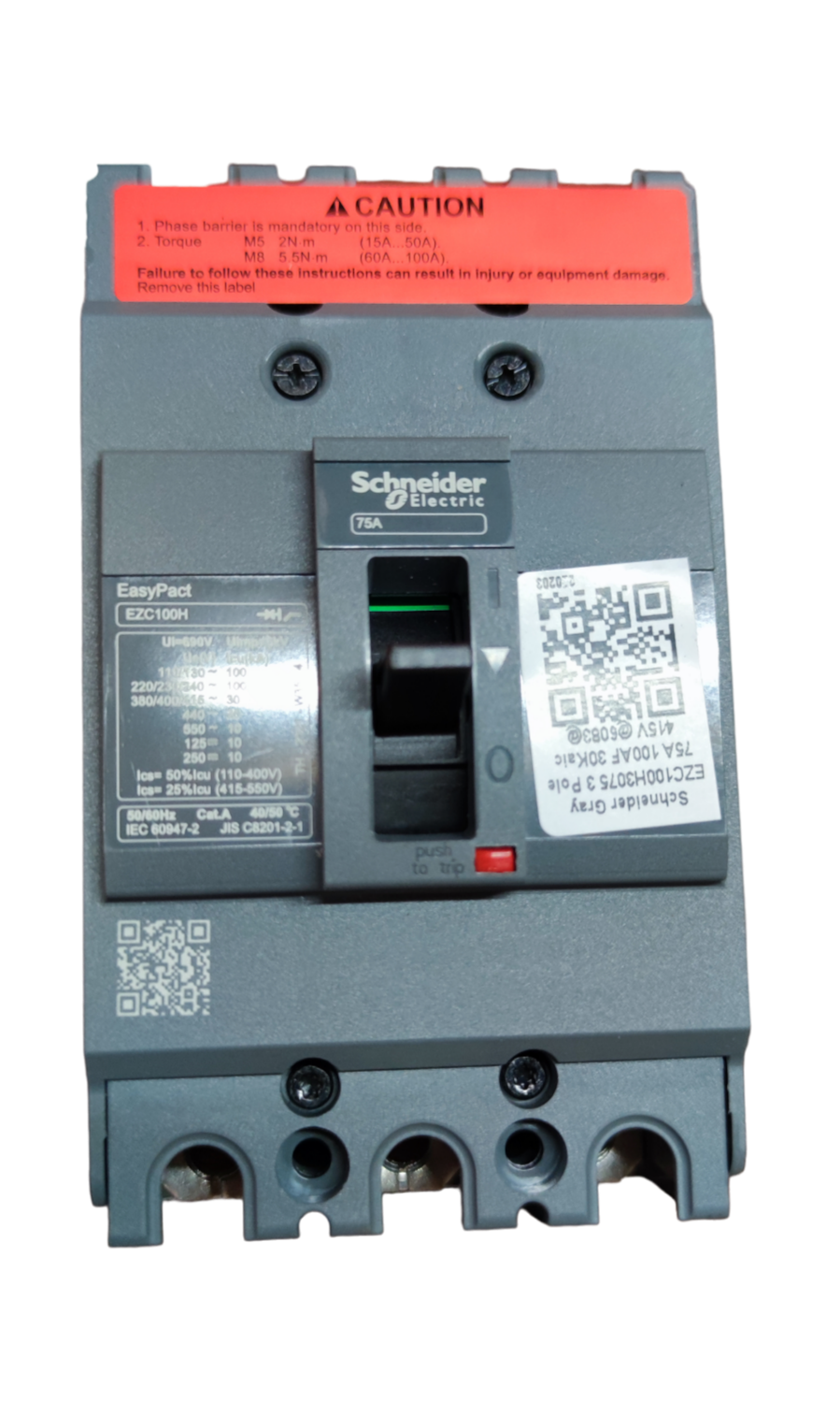 Schneider 75A 3P Industrial Circuit Breaker 10KAIC with EasyPact control switch and warning label