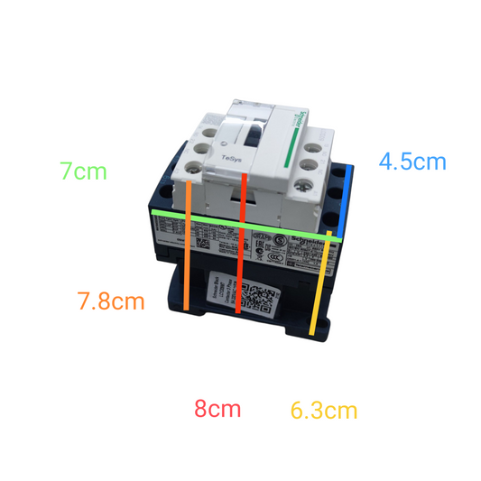 Schneider 9A Magnetic Contactor 220V with clear dimensions and mounting features for electrical installations