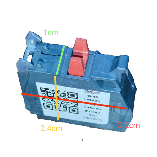 Schneider auxiliary contact block NC in black with red switch component and size dimensions