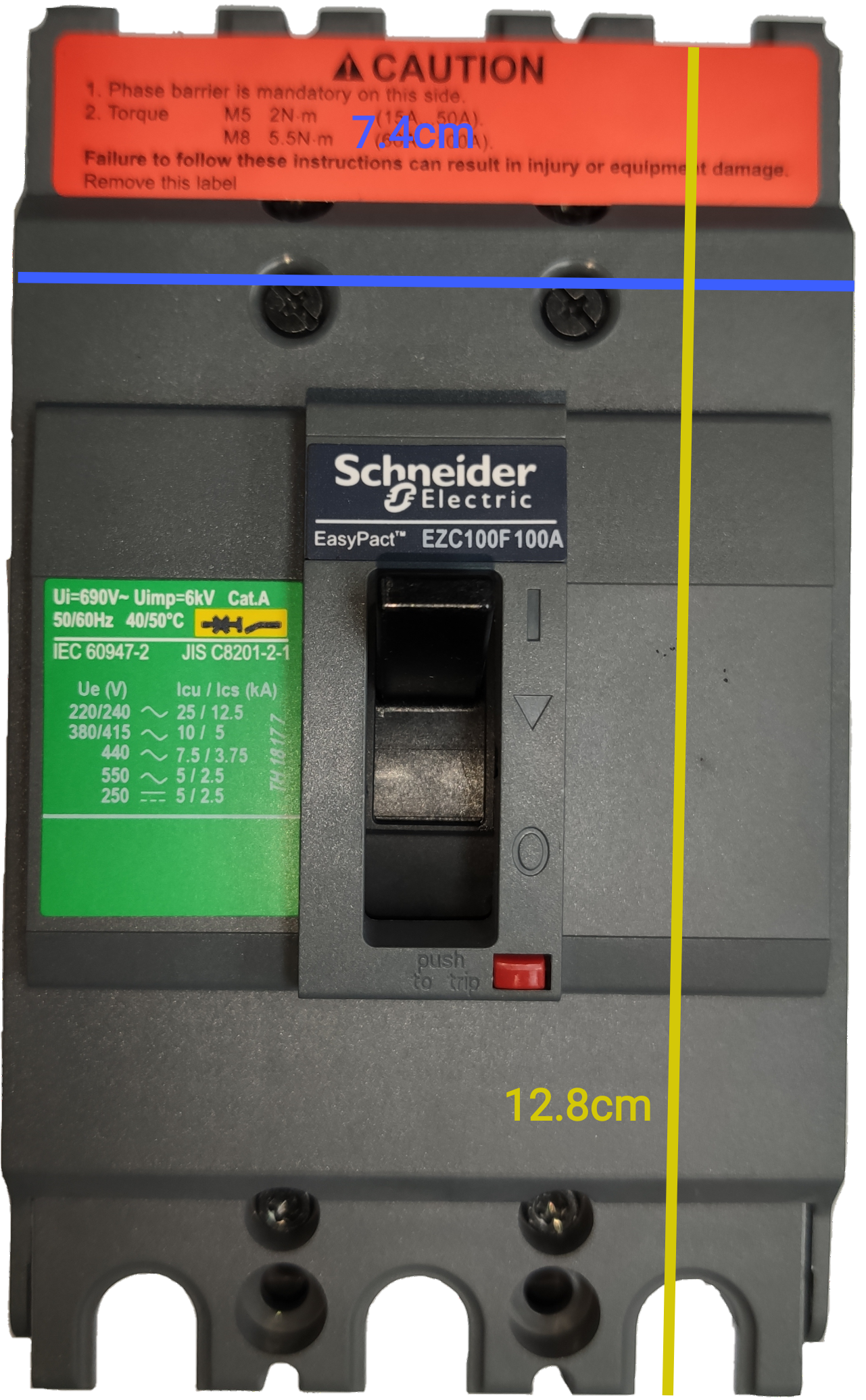 Schneider 100A 3Pole Industrial Circuit Breaker EasyPact EZC100F100A model with safety labels