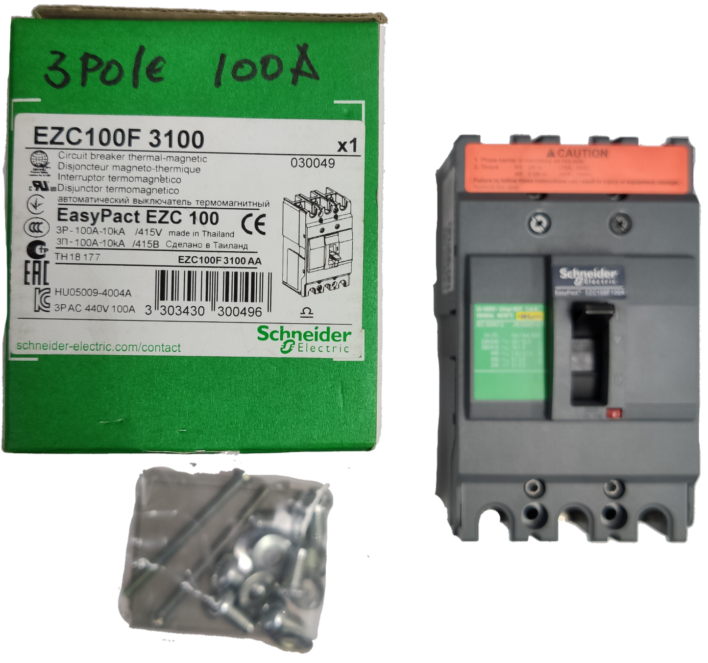 Schneider 100A 3Pole Industrial Circuit Breaker EasyPact EZC100 with screws and green packaging box