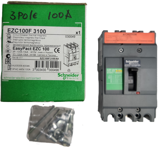 Schneider 100A 3Pole Industrial Circuit Breaker EasyPact EZC100 with screws and green packaging box