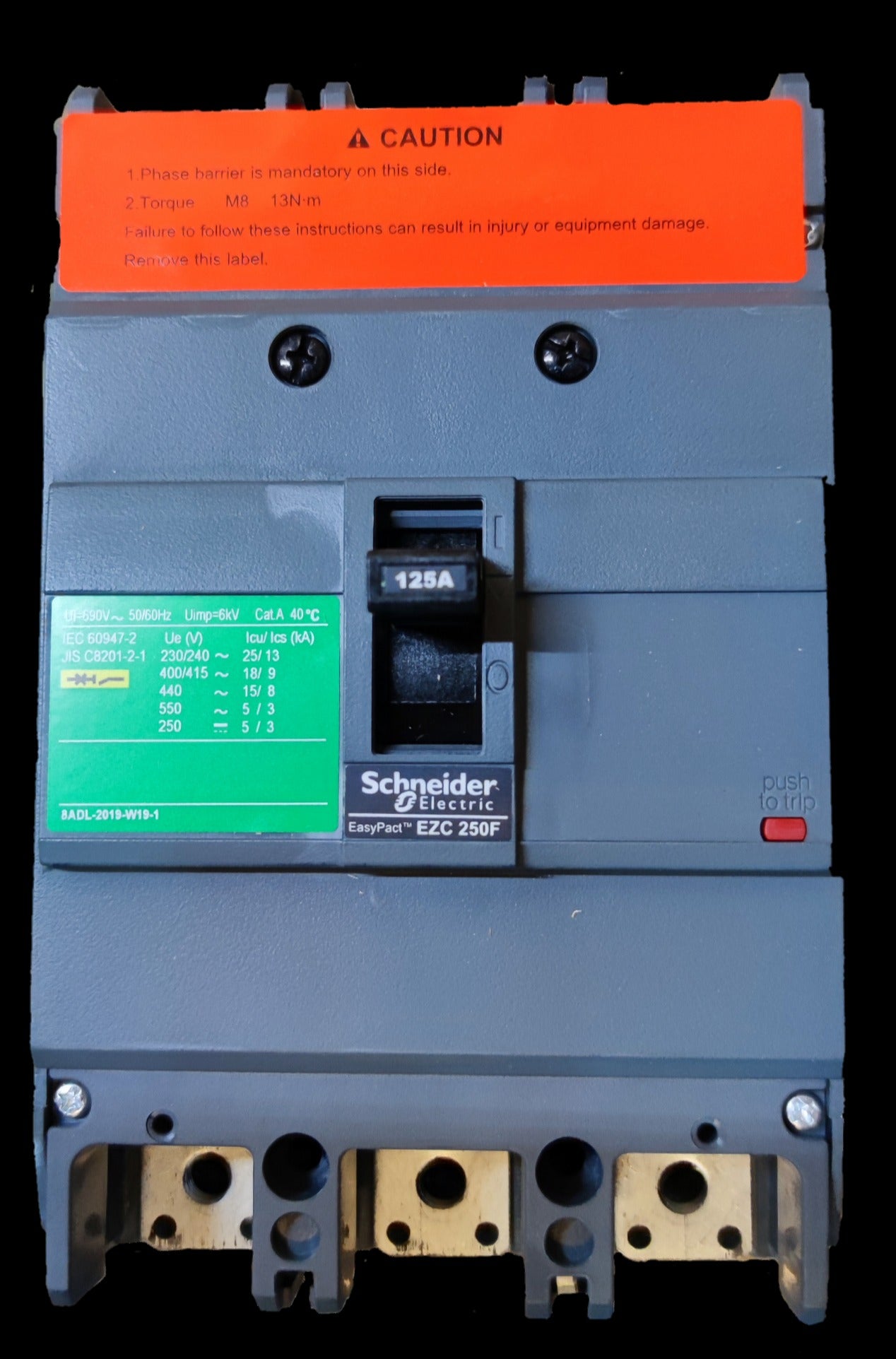 Schneider 125A 3 Pole Industrial Circuit Breaker 250AF with EasyPact EZC 250F model in gray casing