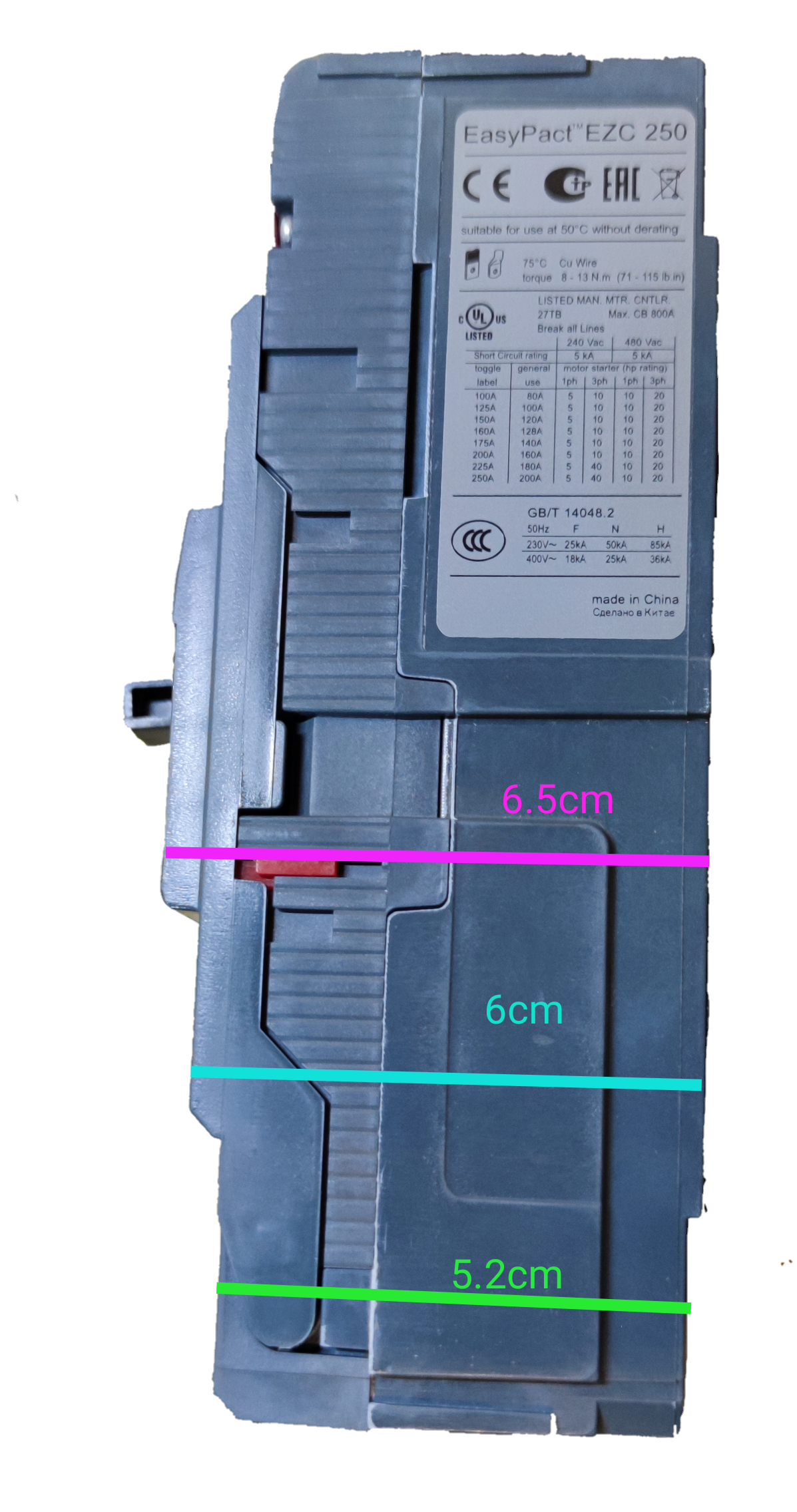 Schneider 125A 3 Pole Industrial Circuit Breaker 250AF with labeled dimensions on black background