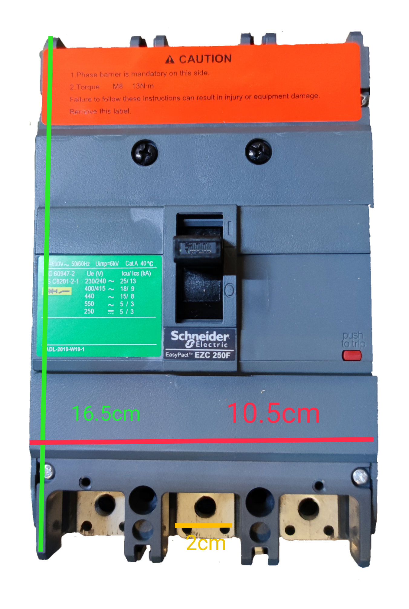Schneider 200A 3 Pole Industrial Circuit Breaker with EasyPact EZC 250F label and caution sticker