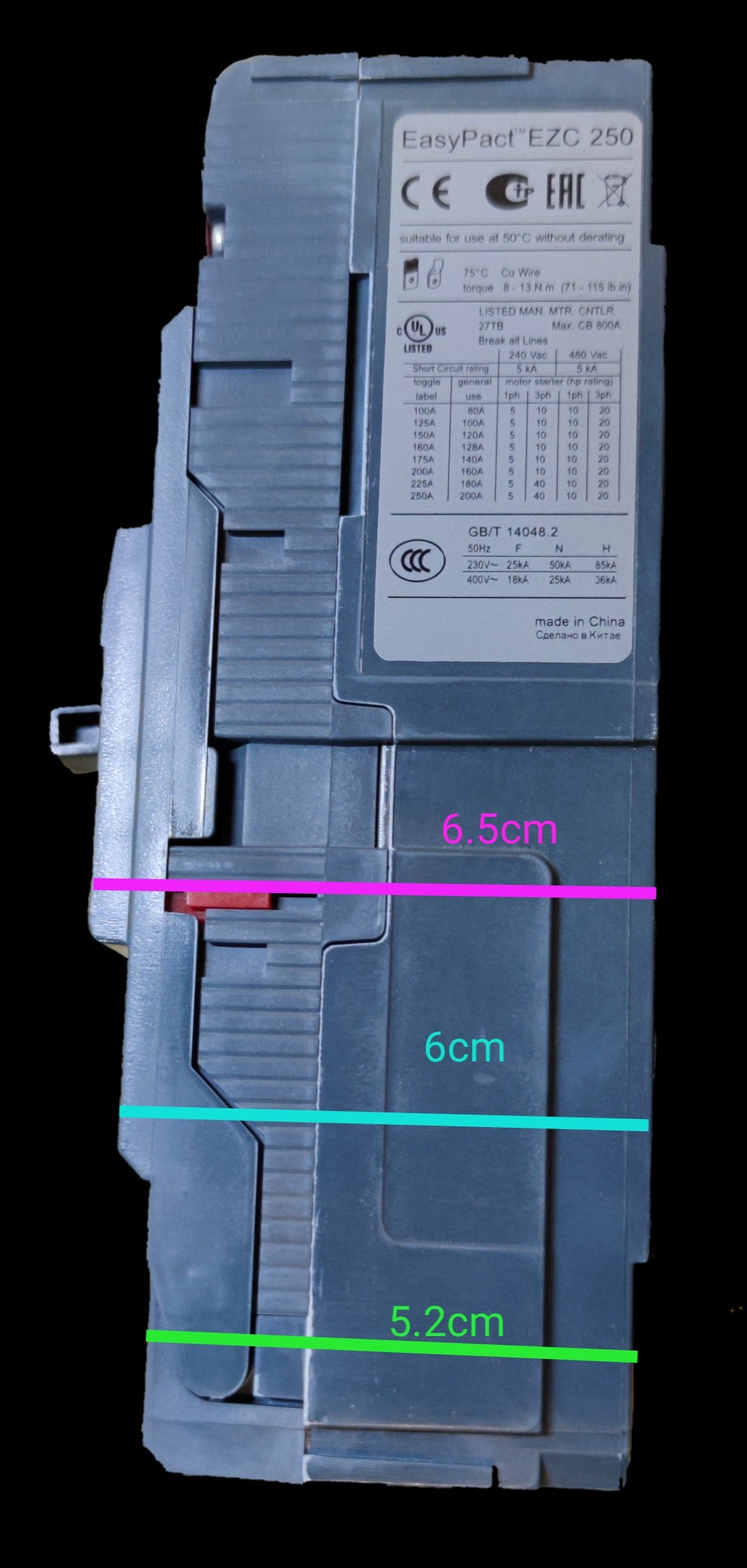 Schneider 200A 3 Pole Industrial Circuit Breaker EasyPact EZC 250 model with measurement details