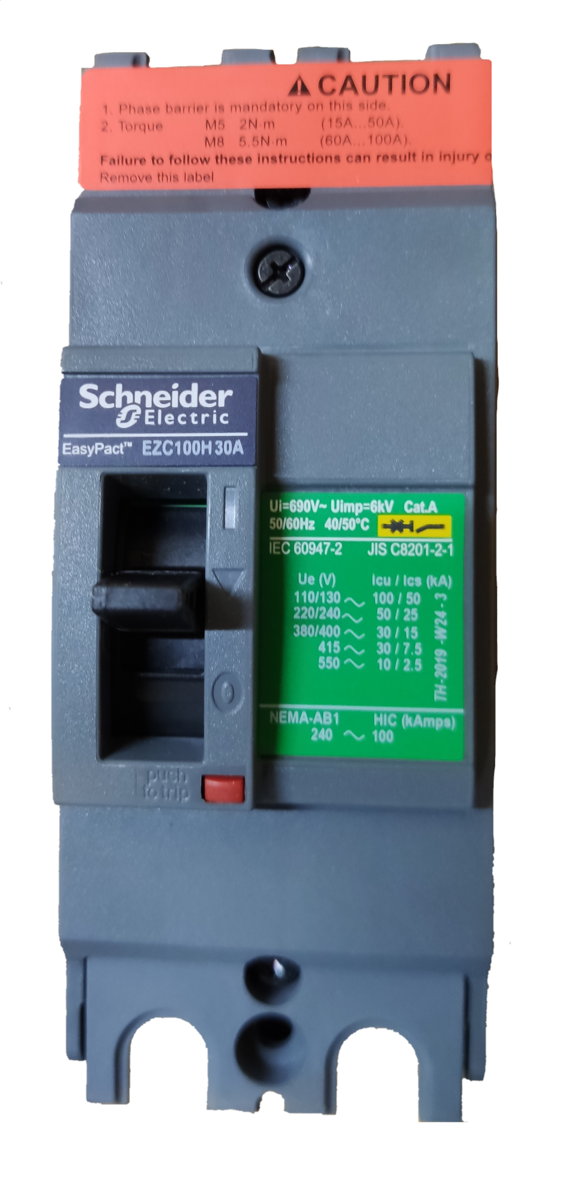 Schneider Electric EasyPact molded case circuit breaker 30A 2 Pole Breaker Industrial Easy Pact gray unit with green rating label