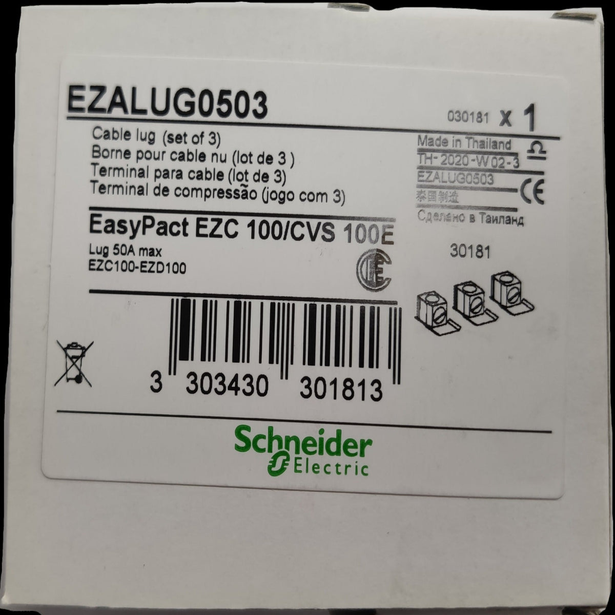 Schneider Mechanical Lugs for 50A EZC Breakers EasyPact EZC 100 cable lugs set of 3 in white box