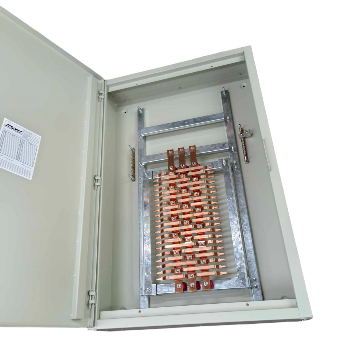 Open Schneider panel board with MCB showing internal copper busbars and metal frame for electrical distribution