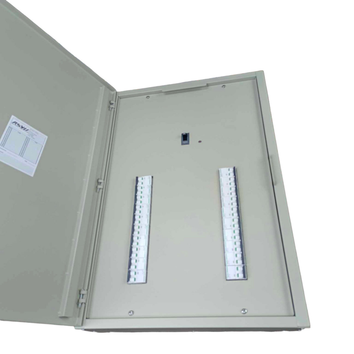 Schneider panel board with MCB in a gray metal enclosure with an open door showing circuit breaker slots