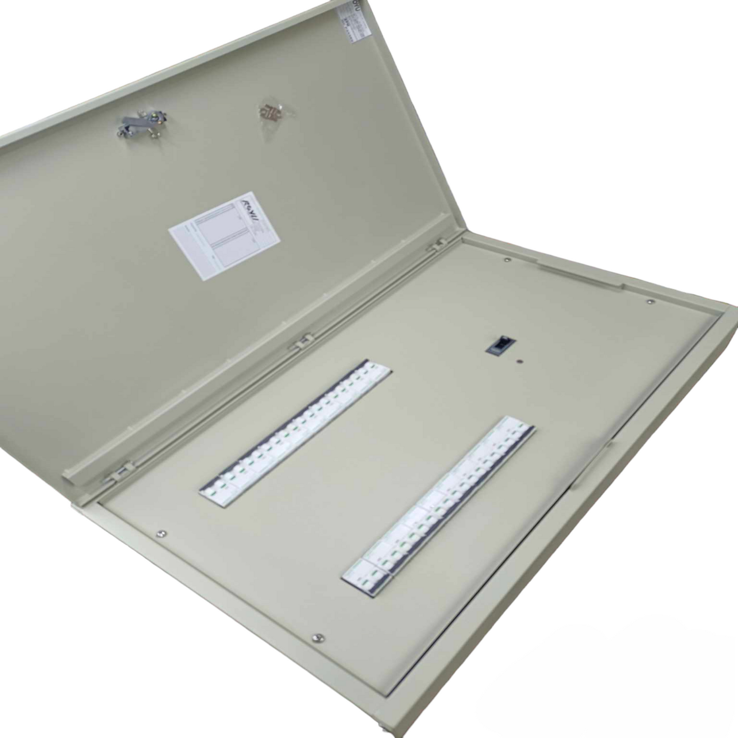 Schneider panel board with MCB open metal enclosure showing internal mounting rails