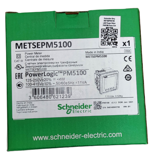 Schneider Power Meter METSEPM5100 in green packaging with product details and specifications