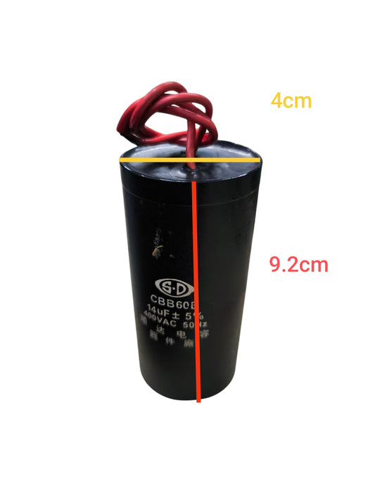 CBB 14uF 400V Capacitor black cylindrical electrical component with red wires and size markings