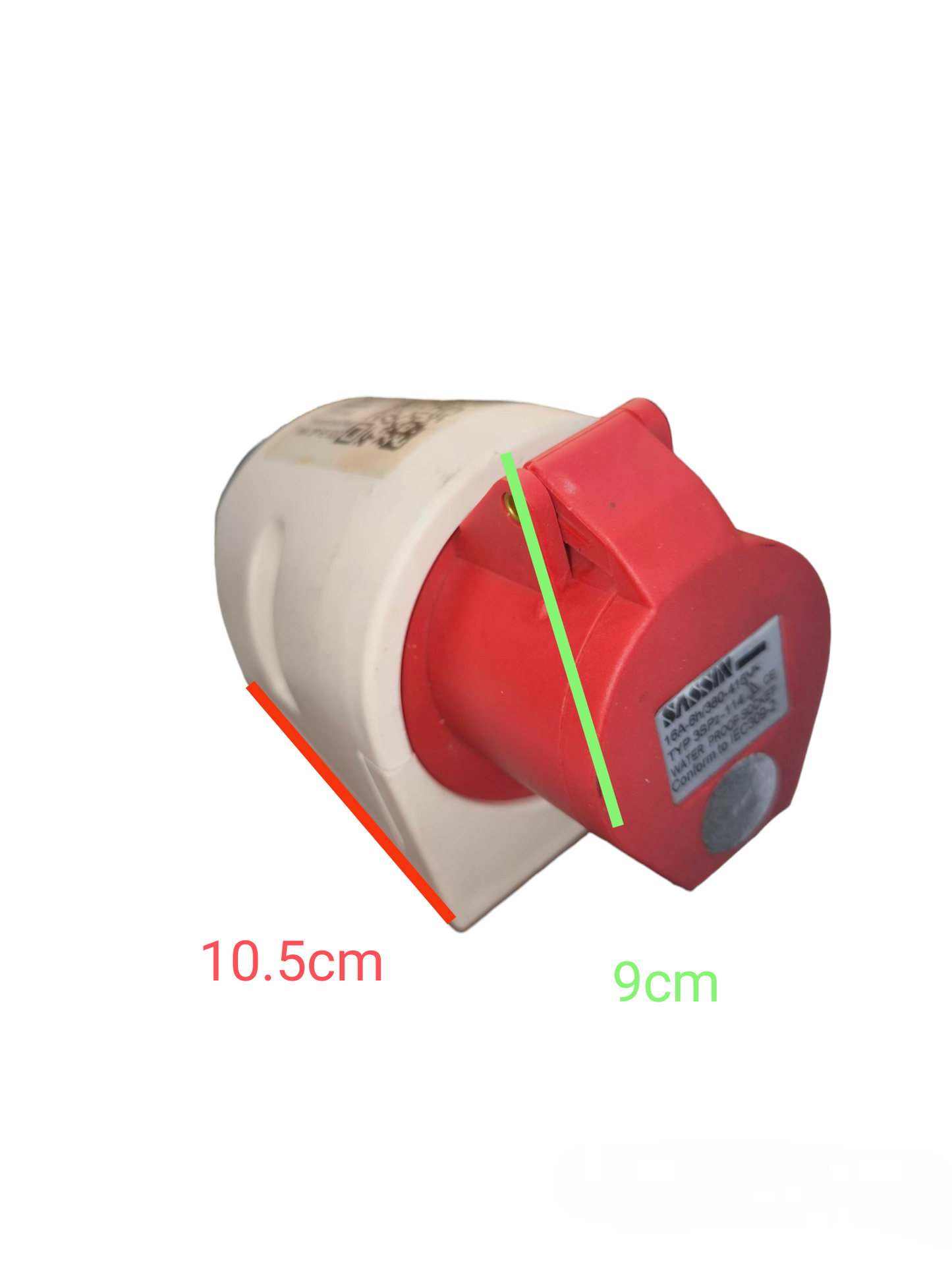 Sassin Industrial Outlet 380V Wall Type red and white angled wall socket with hinged protective cover and size markings