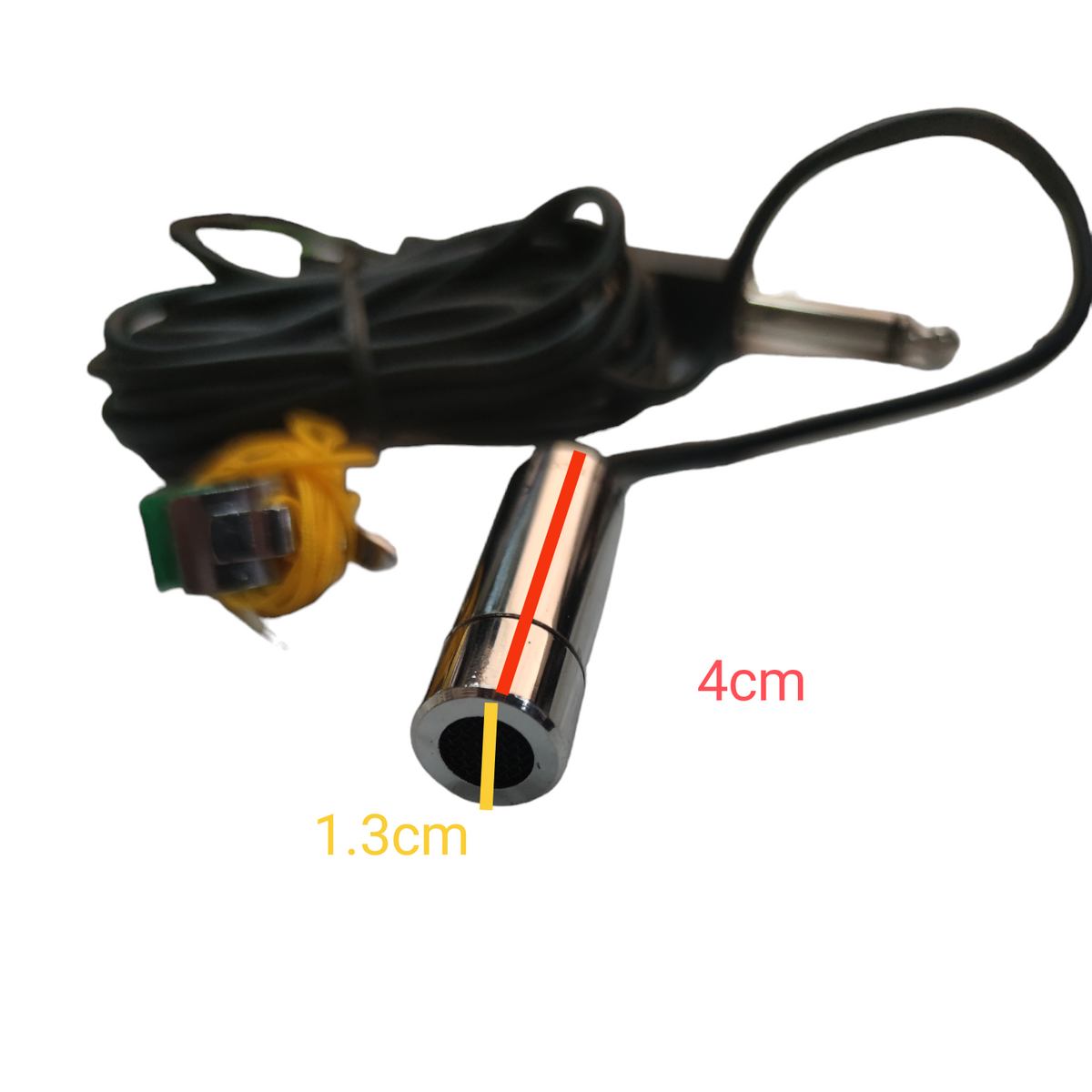 Sherman Lapel Microphone with metal capsule and long black cable measuring 4cm by 1.3cm