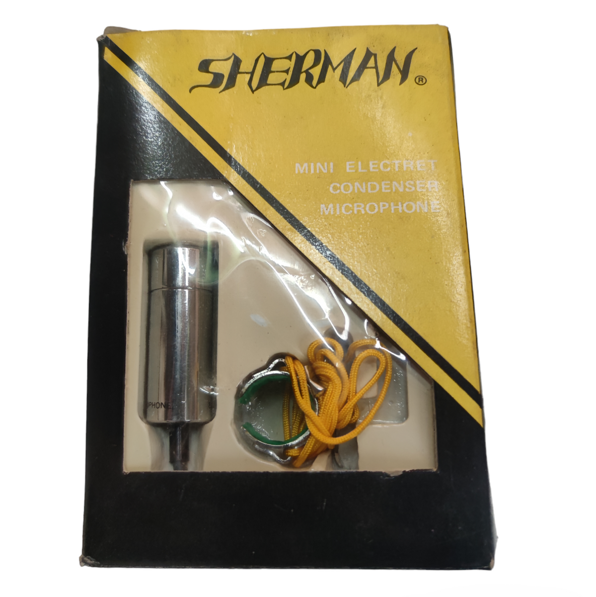 Sherman Lapel Microphone mini electret condenser microphone with yellow wire in black and yellow packaging
