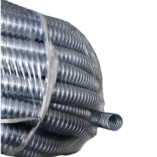 Shieldcon 20mm Metal Flexible Hose coiled and wrapped in plastic for electrical circuitry applications