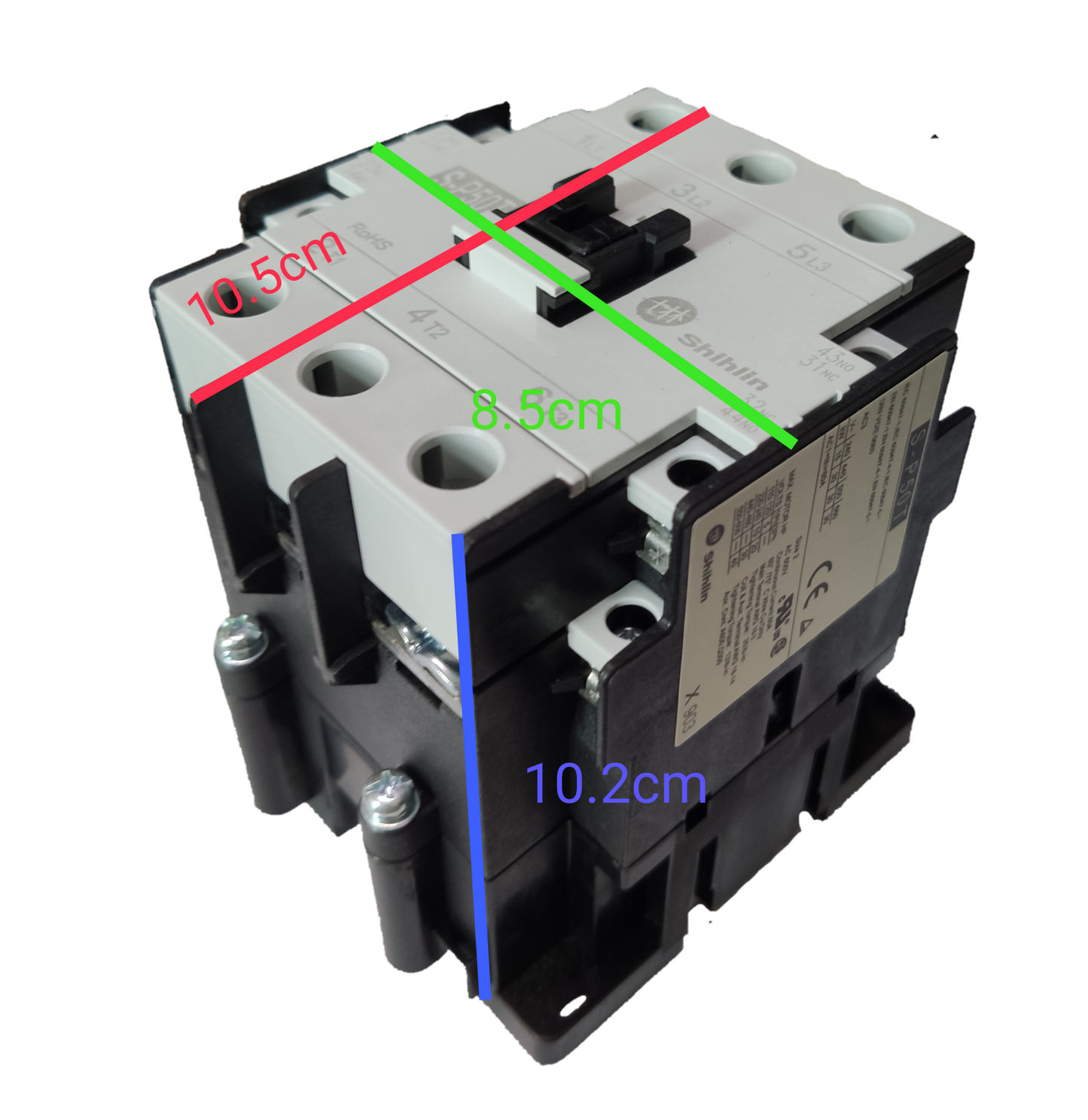 Shihlin Magnetic ContactorS-P50T electrical switch with measurements shown on a black background