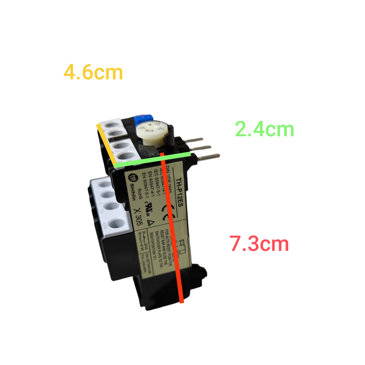 Shihlin Thermal Overload Relay 3.3A electrical circuitry part with dimensional measurements