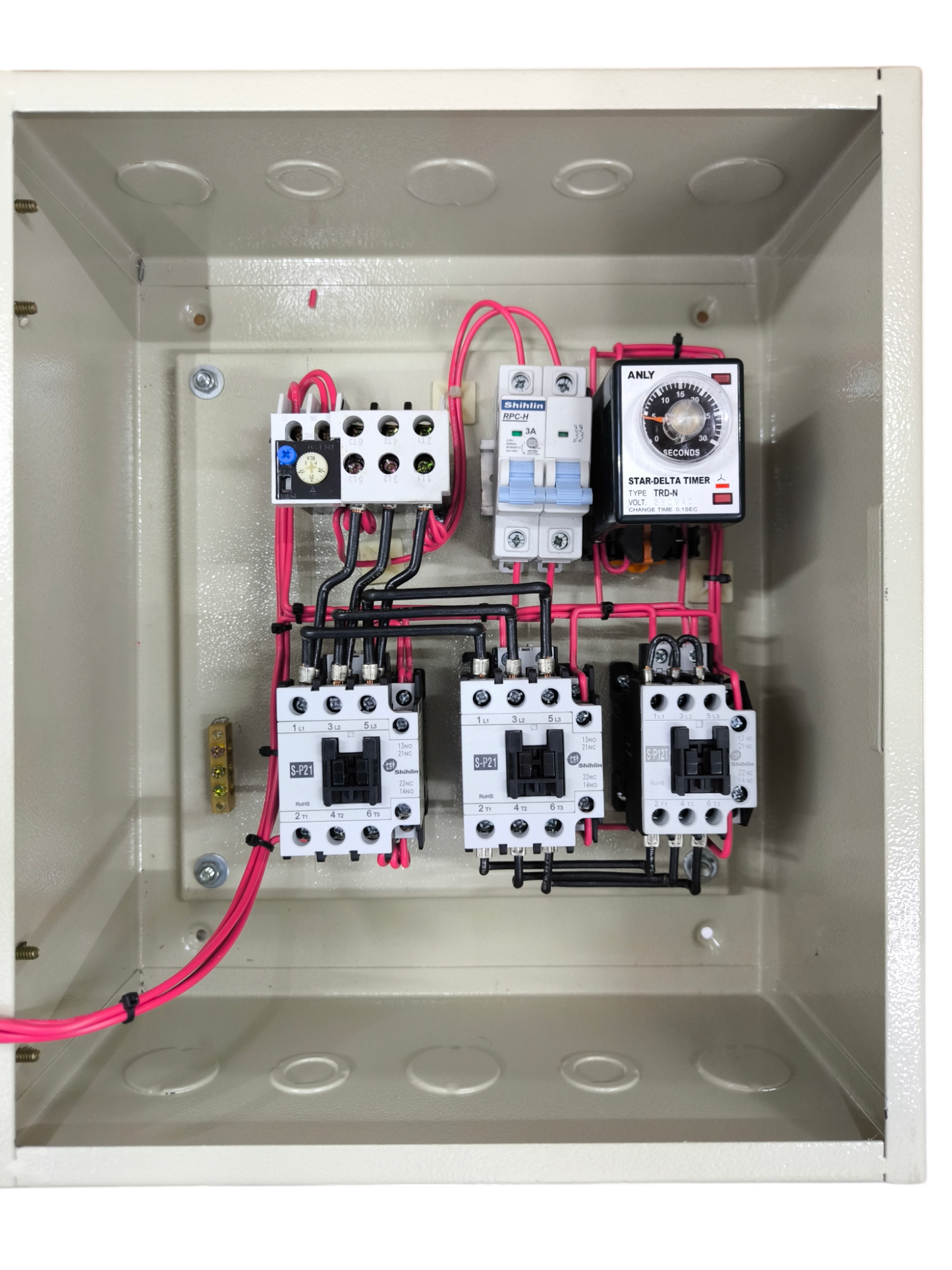 Shihlin electrical panel with Timer 0-30Seconds 5.5KW 220V and connected switches and plugs inside metal enclosure