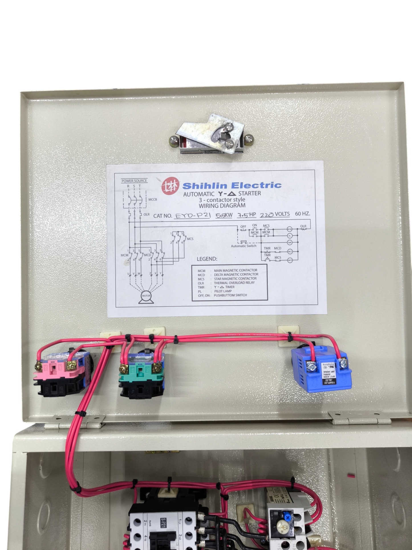 Shihlin Electric power components inside a gray panel with Timer 0-30Seconds 5.5KW 220V label and wiring
