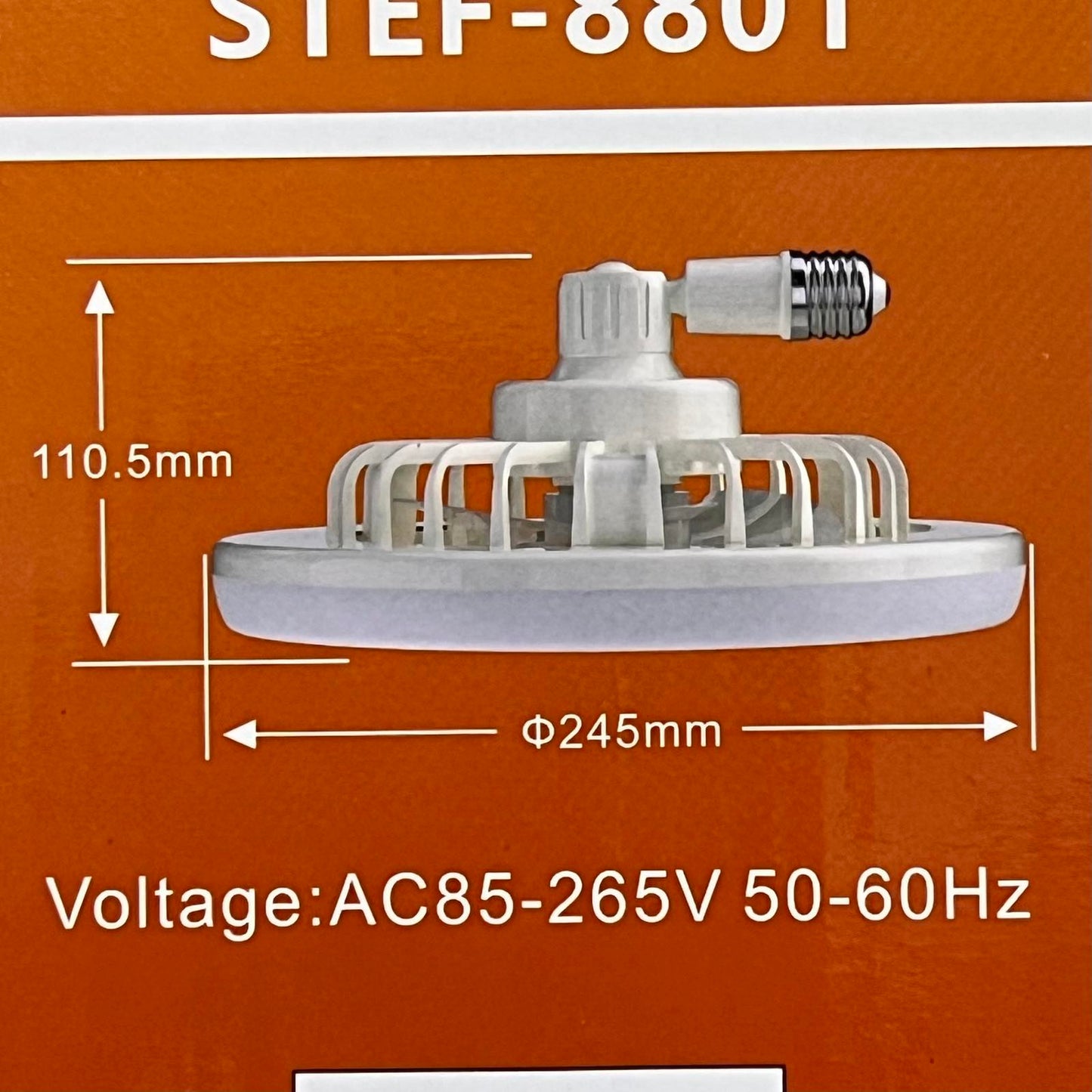 Shuta LED Light with Fan and Fragrance Scent showing dimensions and voltage specifications