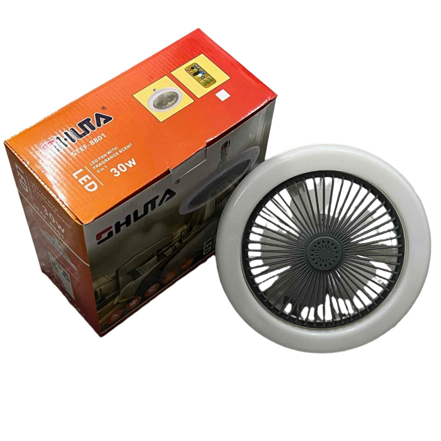 Shuta LED Light with Fan and Fragrance Scent device with circular design and orange packaging box