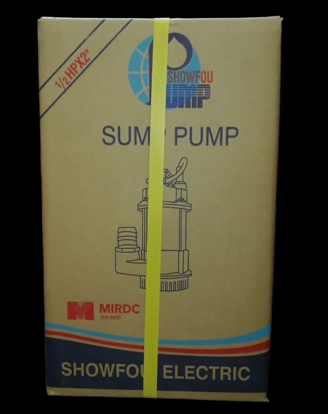 Showfou Taiwan Sewage Submersible Pump 220V packaged in branded cardboard box with yellow strap