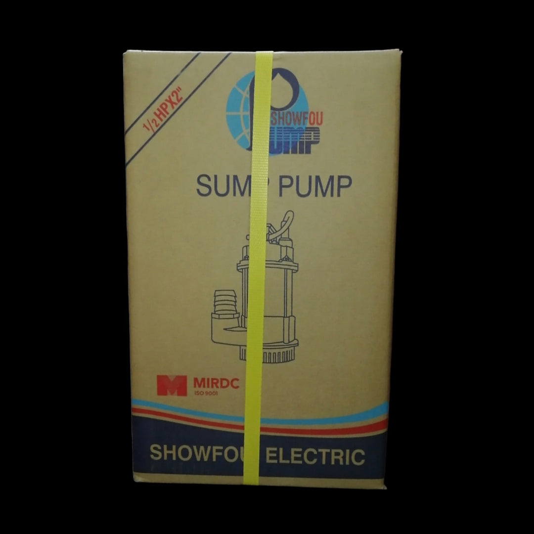 Showfou Taiwan Sewage Submersible Pump 220V packaged in branded cardboard box with yellow strap