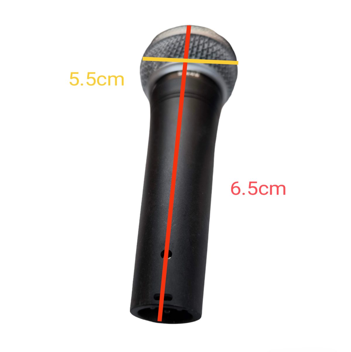 Shure Microphone Condenser black handheld microphone showing dimensions 5.5cm head and 6.5cm body length