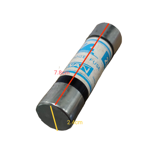 Swan 60A Cartilage Fuse 250V electrical component with metal end caps and rated dimensions