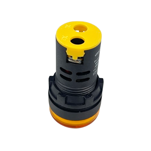Denko Pilot light 220v YELLOW 22mm cylindrical indicator with yellow lens black housing and exposed terminals