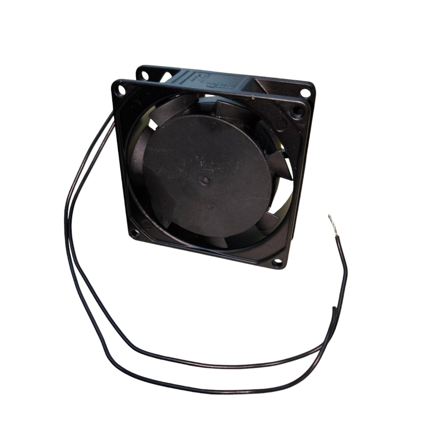 Black small box fan 220V exhaust fan from China with mounting holes and attached wires