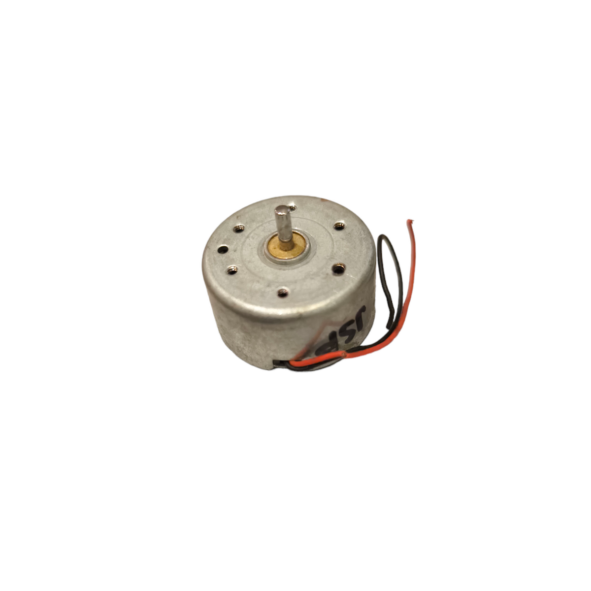 Small Motor 12V DC in metal casing with black and red wires for electrical circuitry