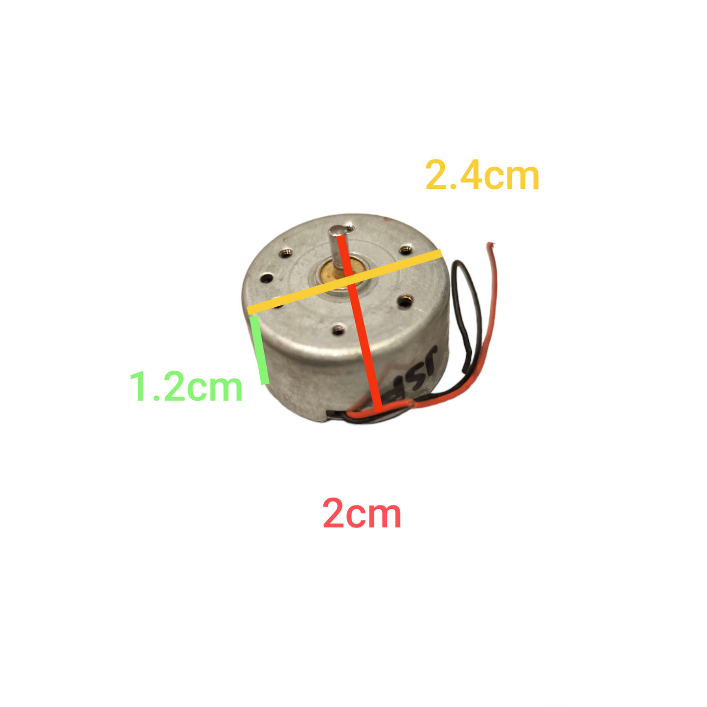 Small Motor 12V DC from China with metal casing and attached power wires showing dimensions
