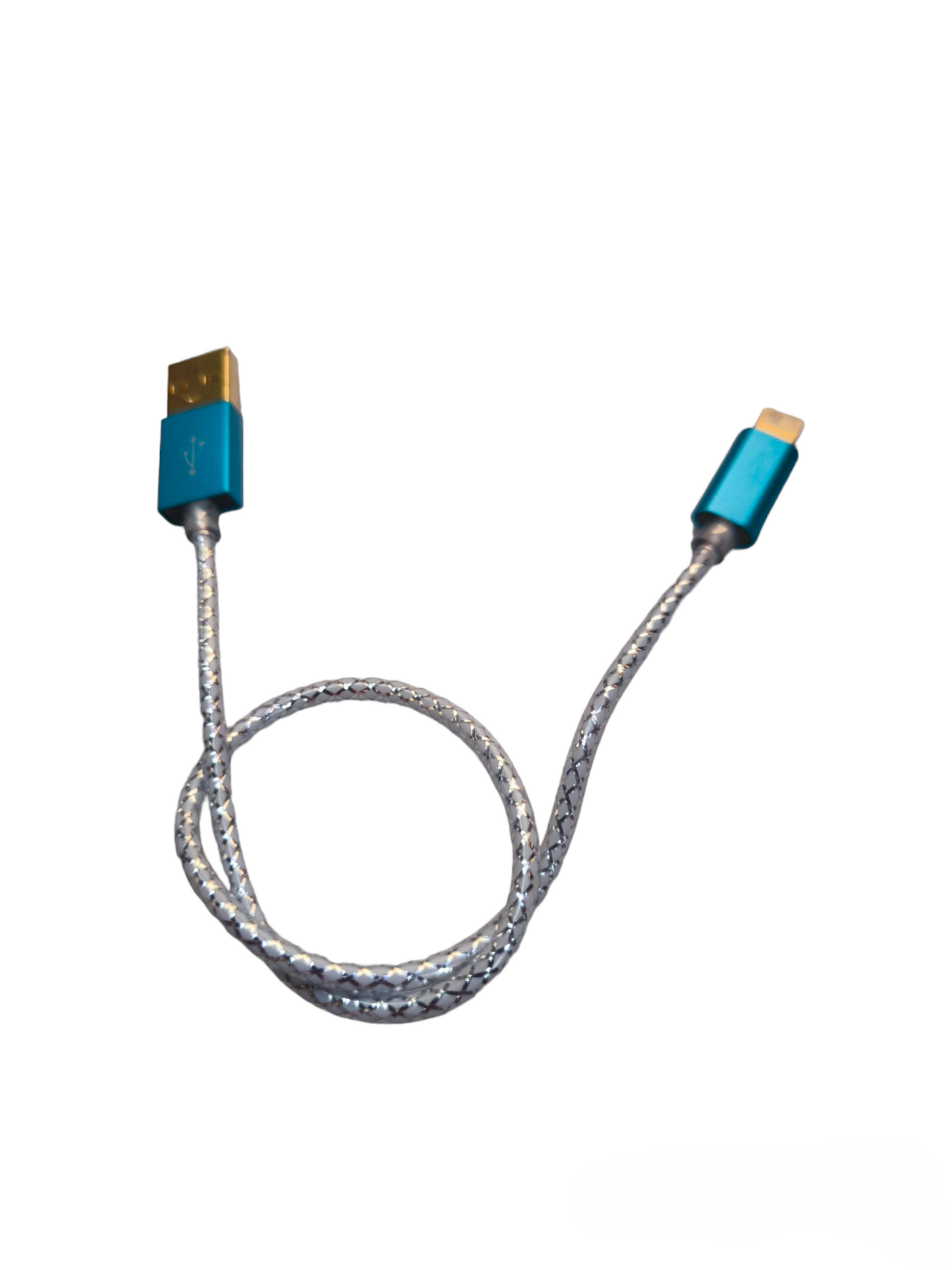 Blue smart phone charging cord with braided cable and USB connectors for fast charging