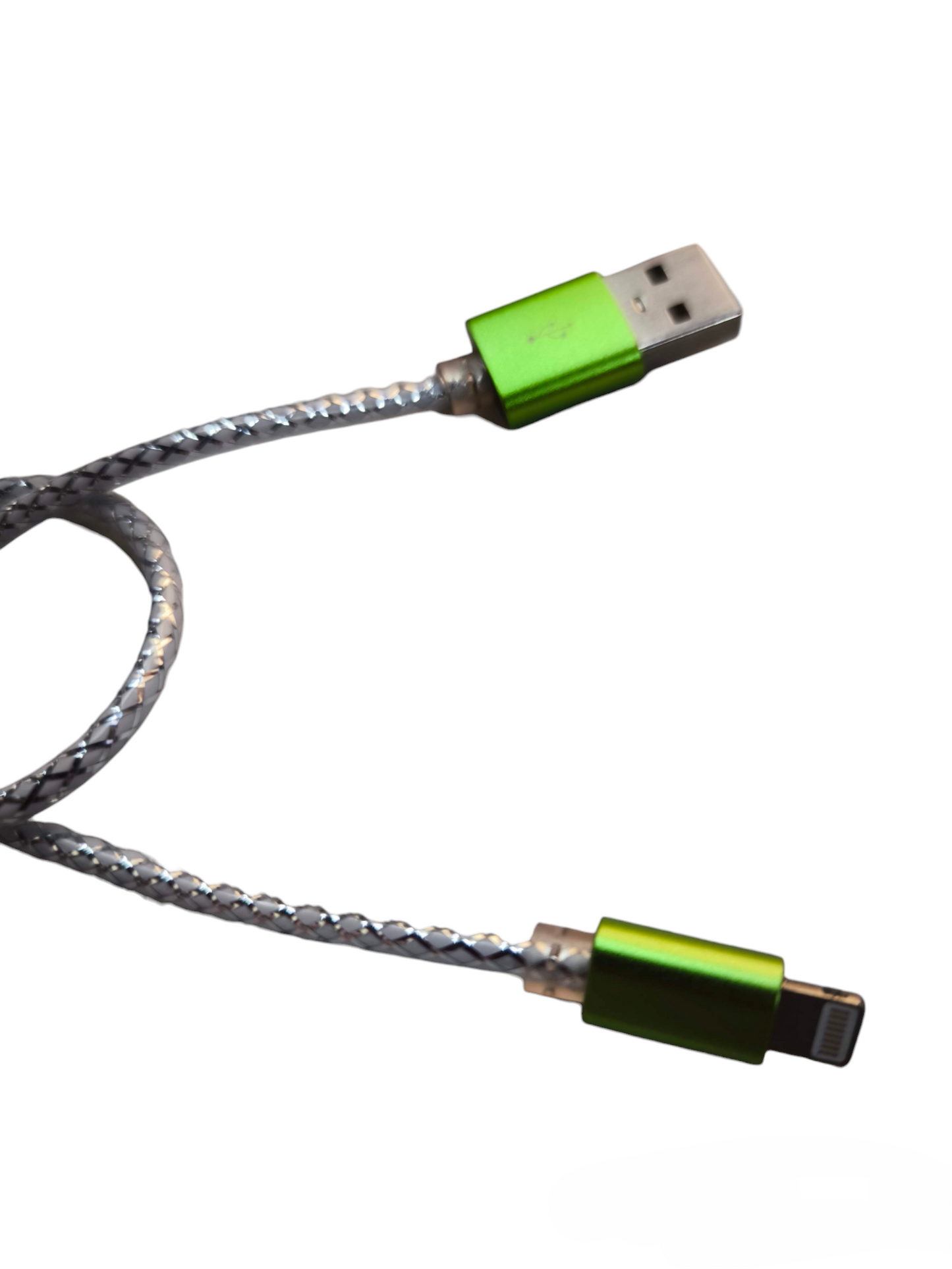 Smart Phone Charging Cord with green USB and lightning connectors and braided cable from China
