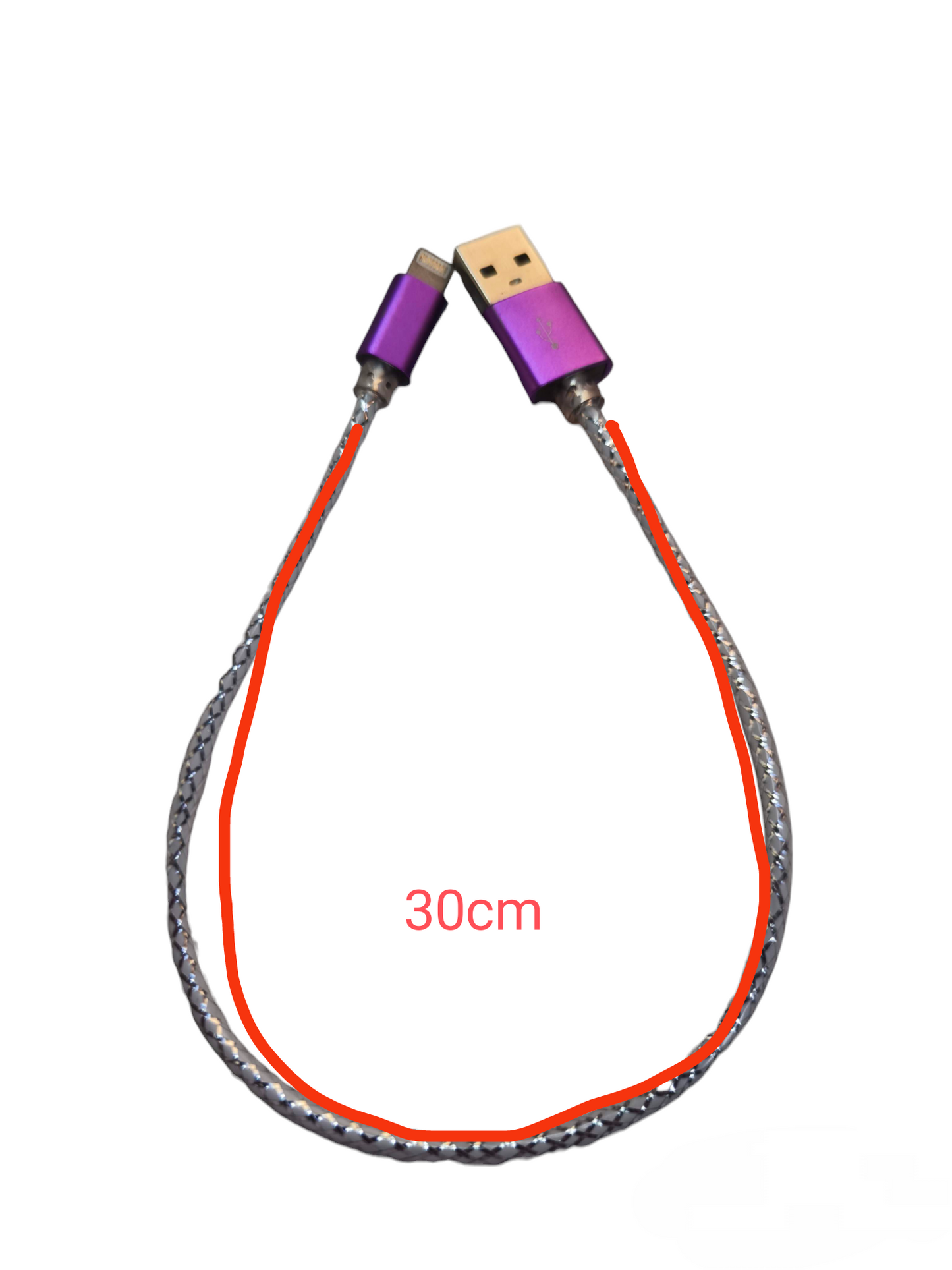 30cm Smart Phone Charging Cord with purple USB and lightning connectors and braided cable