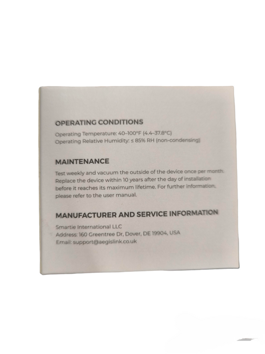 Aegislink wireless interlinked smoke alarm label showing operating conditions and maintenance instructions