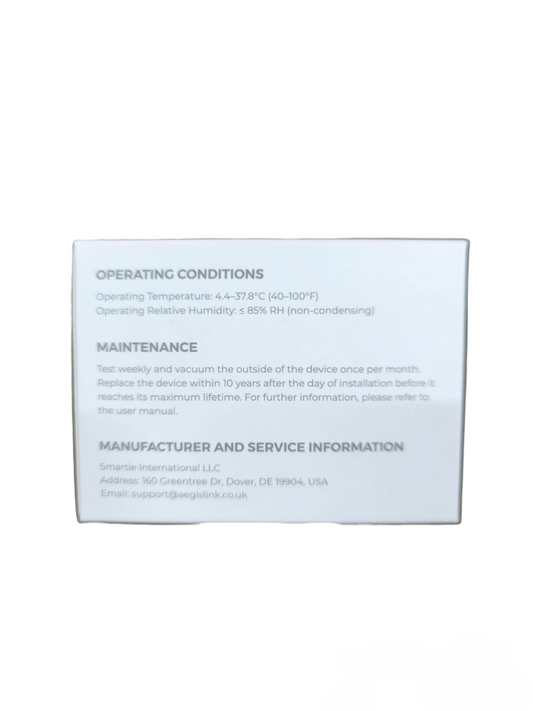 Aegislink wireless interlinked smoke alarm product information label showing operating conditions and maintenance details