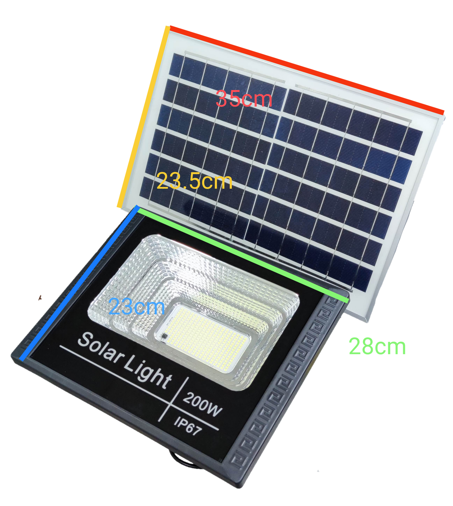 200W solar flood light with black frame and separate solar panel measuring 35 by 23.5 centimeters