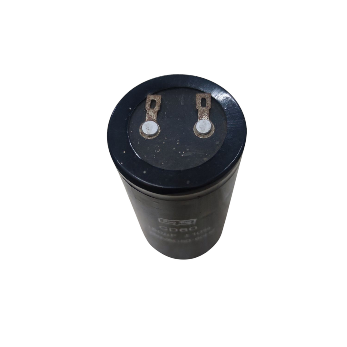 CBB 150uF 250V running capacitor with black cylindrical body and metal terminals