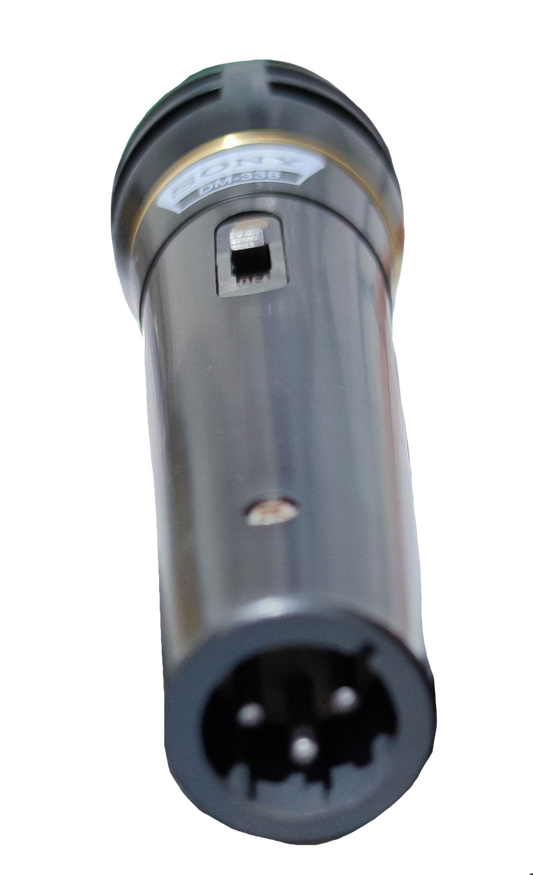 Sony microphone with microphone cord featuring a black metal body and XLR connector