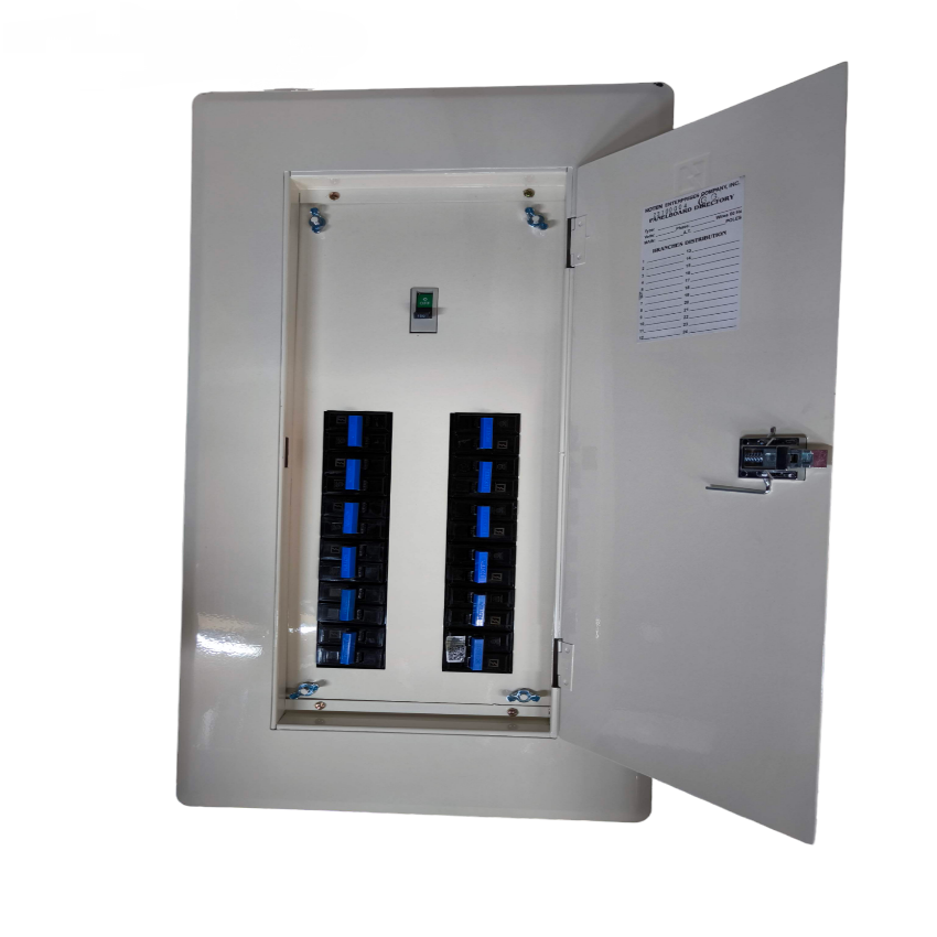 Koten white metal electrical panel with open door showing two columns of blue breakers Panel Board 150A 2Pole 250SPS