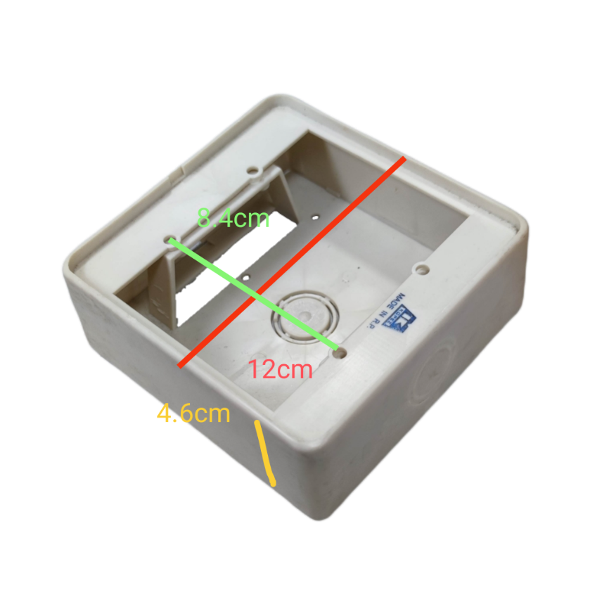 Kopez white square electrical box for outlets with dimensions 12cm by 8.4cm and 4.6cm depth