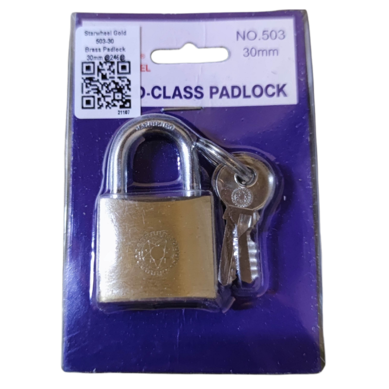 Star Wheel brass padlock with two keys, packaged for security and durability